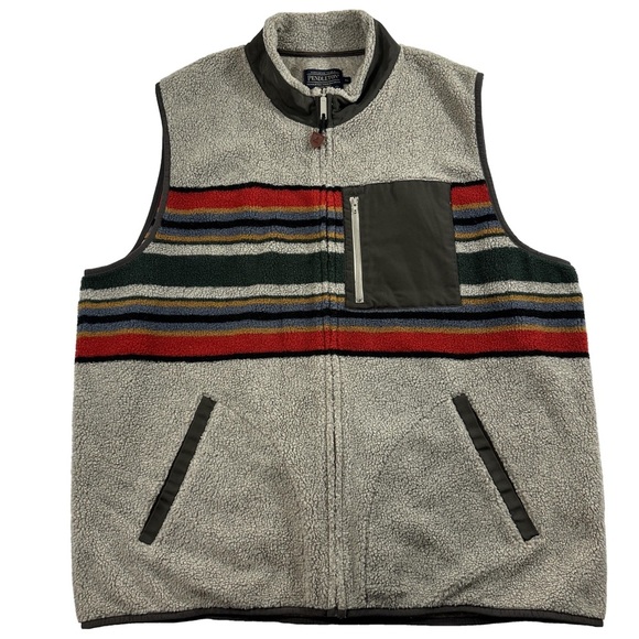 Pendleton striped Sherpa vest winter zip up tan red green - Picture 1 of 9